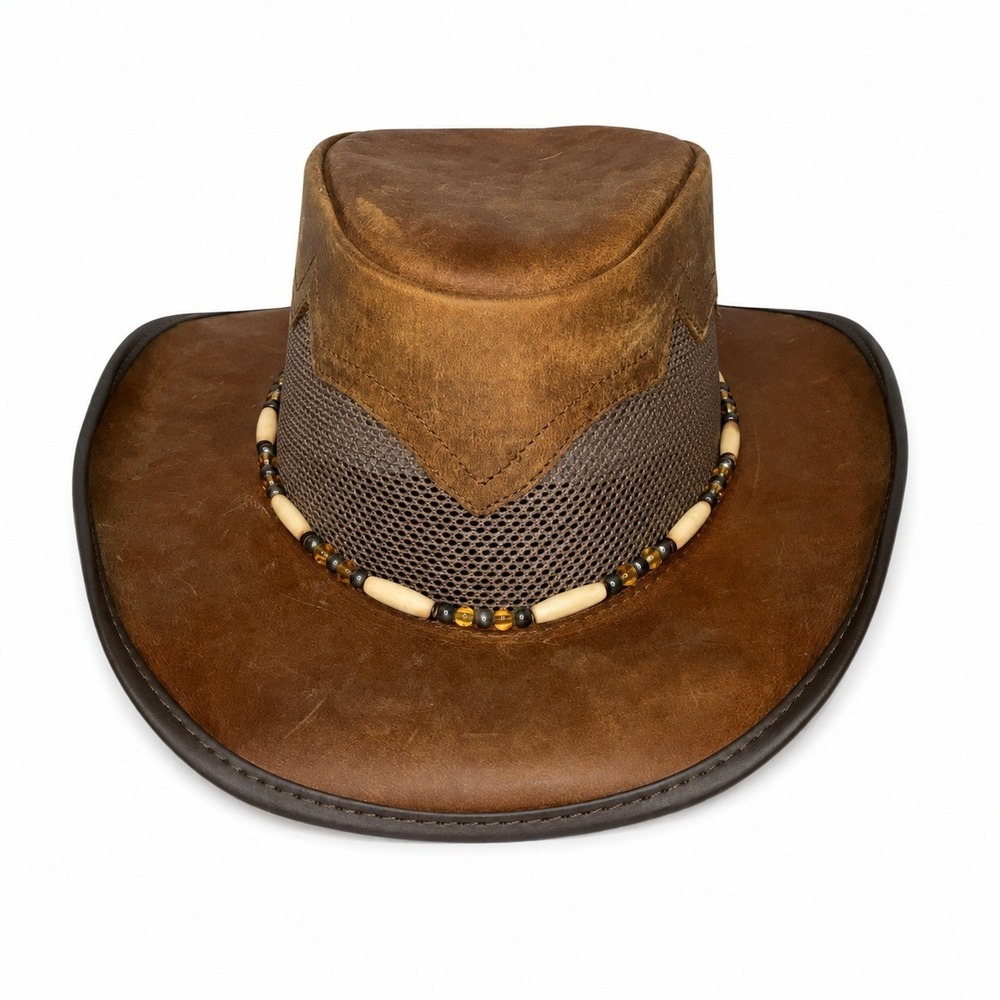 American Hat Makers Sierra Leather Mesh Cowboy Hat Brwn BeadBand Mens M Made USA